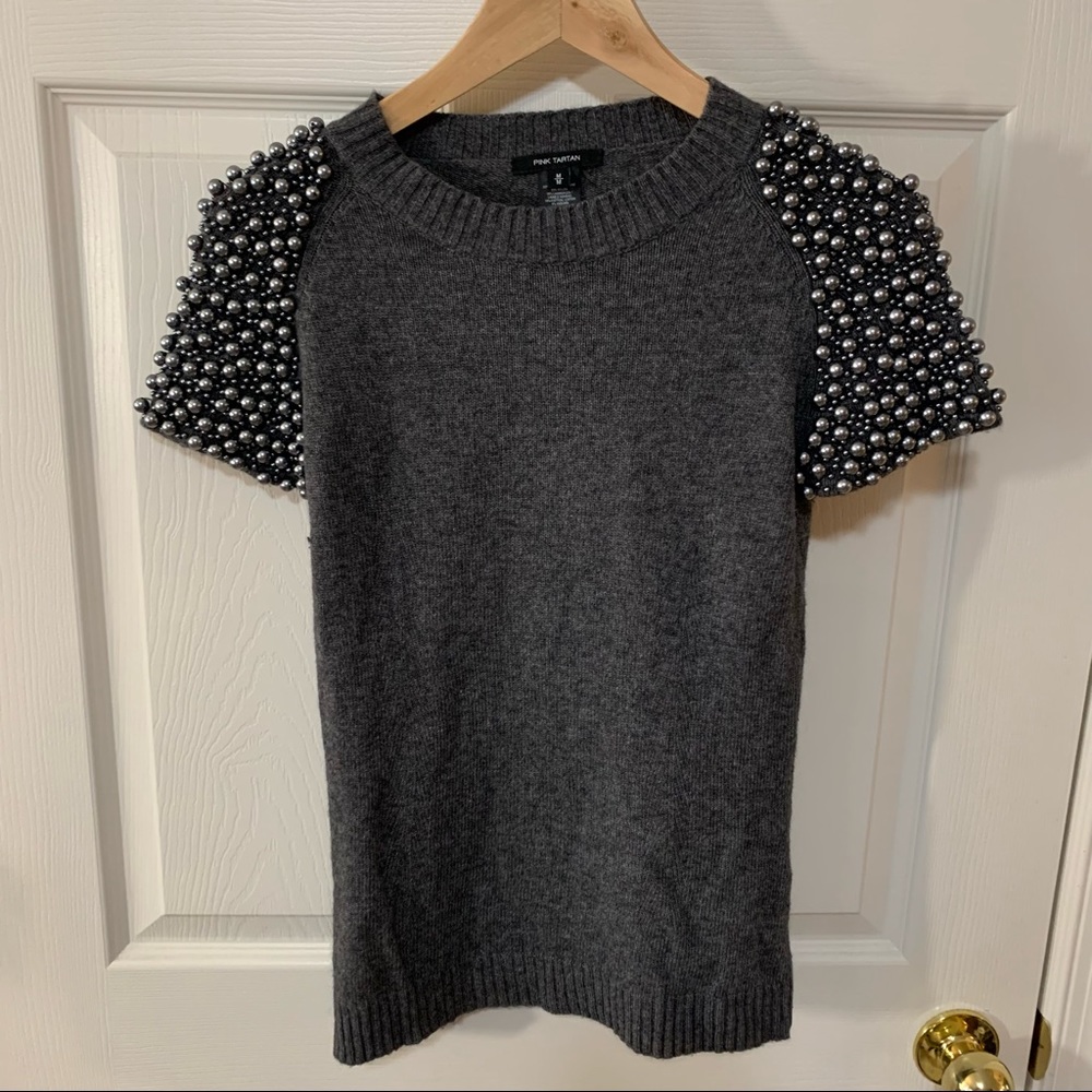Like New Pink Tartan Pearl Beaded Shoulder Short Sleeve Sweater